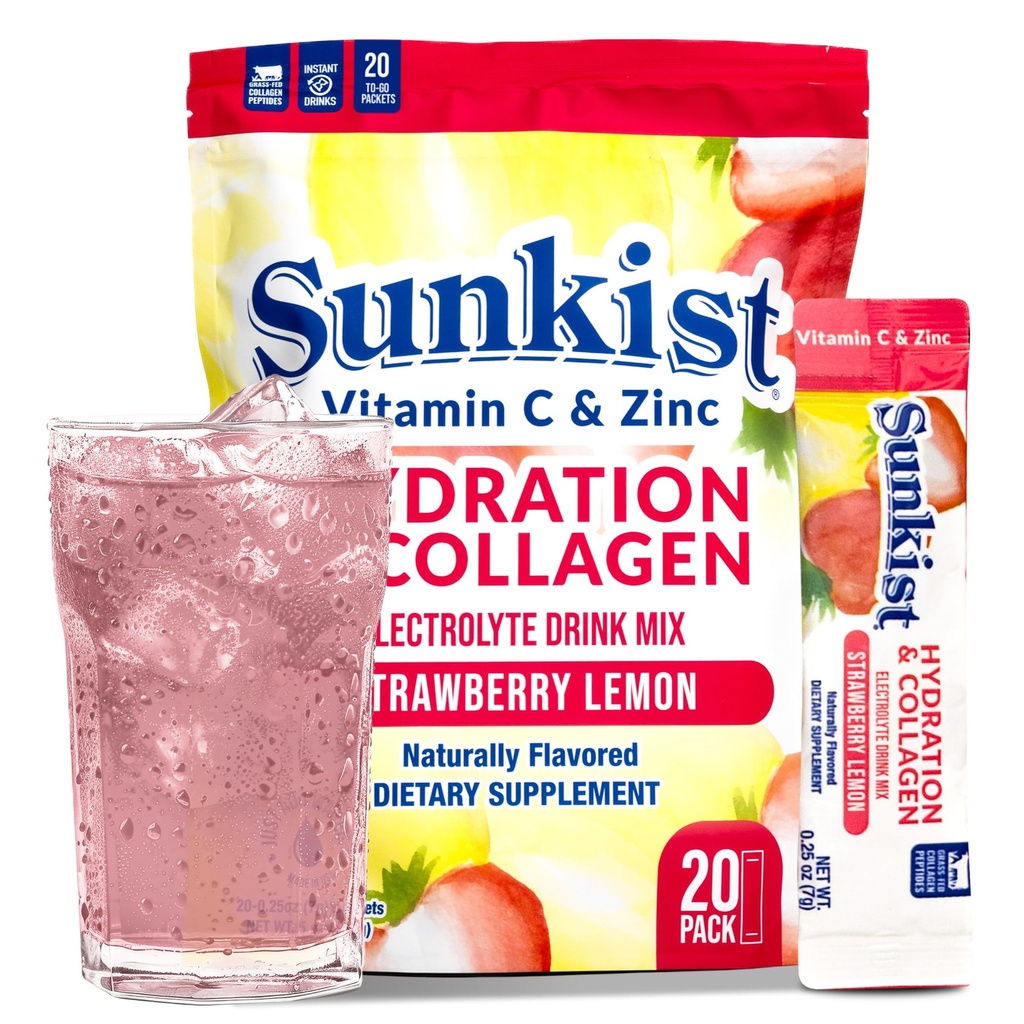 Donmuş Bean Sunkist Collagen Drink Mix - Hydration Strawberry Lemon Electrolyte Drink for Women with C, çinko, Collagen,, Doğal Flavored - 20 Pack