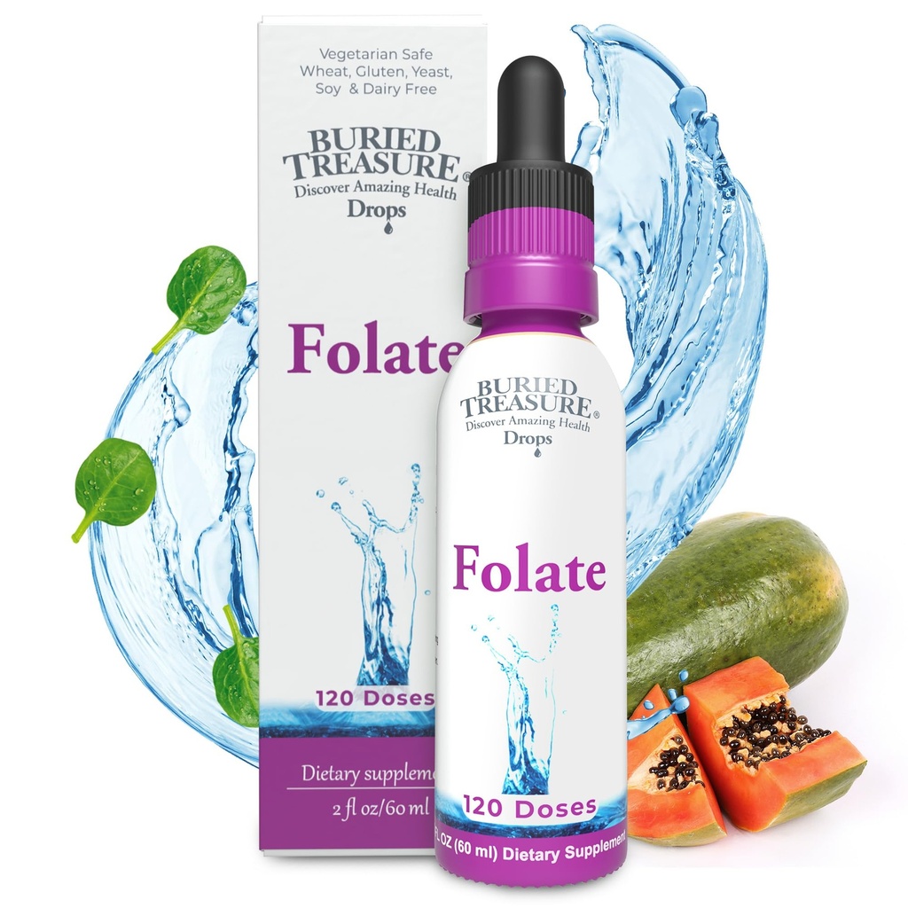 Buried Treasure Folate Drops - Medeniyet B-9 (Calcium L-5 Me Me Metiltetrahidrasyon), Destekler Enerji Üretimi, Kalp Sağlığı ve Gecikme, 5MTHF Tamam Vegan Güvenli, 120 Hizmetler
