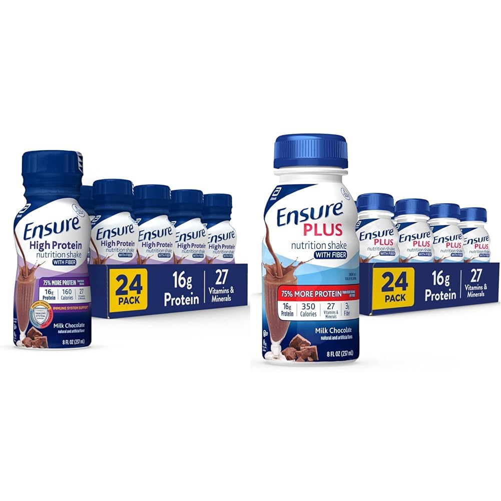 Ensure High Protein Nutritional Shake With Fiber & Ensure Plus Nutrition Shake With Fiber, 16 Grams of Protein, Meal Replacement Liquid, Milk Chocolate, gluten free, 8 Fl Oz (Pack of 24)