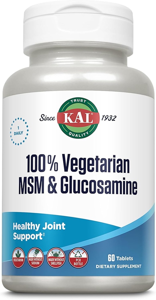 KAL 100% Vegetarian MSM & Glucosamine - Healthy Joint Support - Vegan Glucosamine and MSM Supplement - Made Without Shellfish - Lab Verified - 60-Day Guarantee - 60 Servings, 60 Tablets