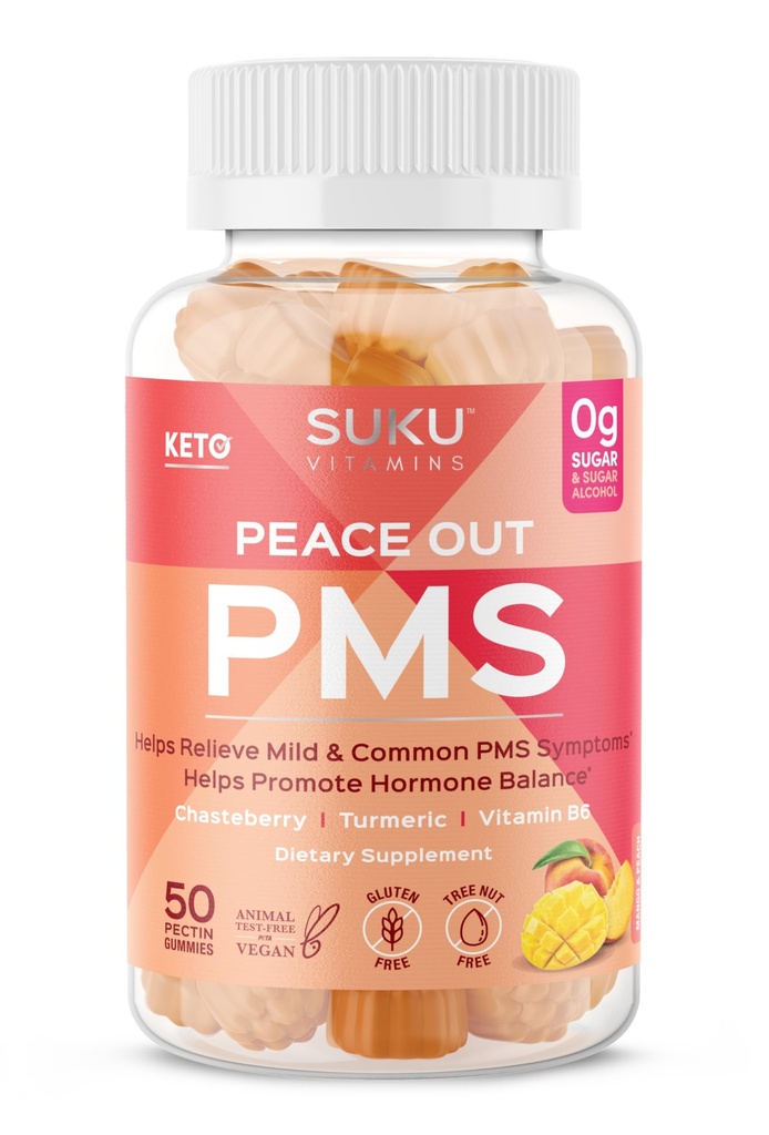 SUKU Βιταμίνες - PMS Gummy συμπλήρωμα με Chasteberry για να ανακουφίσει PMS και Εμμηνόπαυση Ροδάκινο Mango Gummies (50 κόμης)