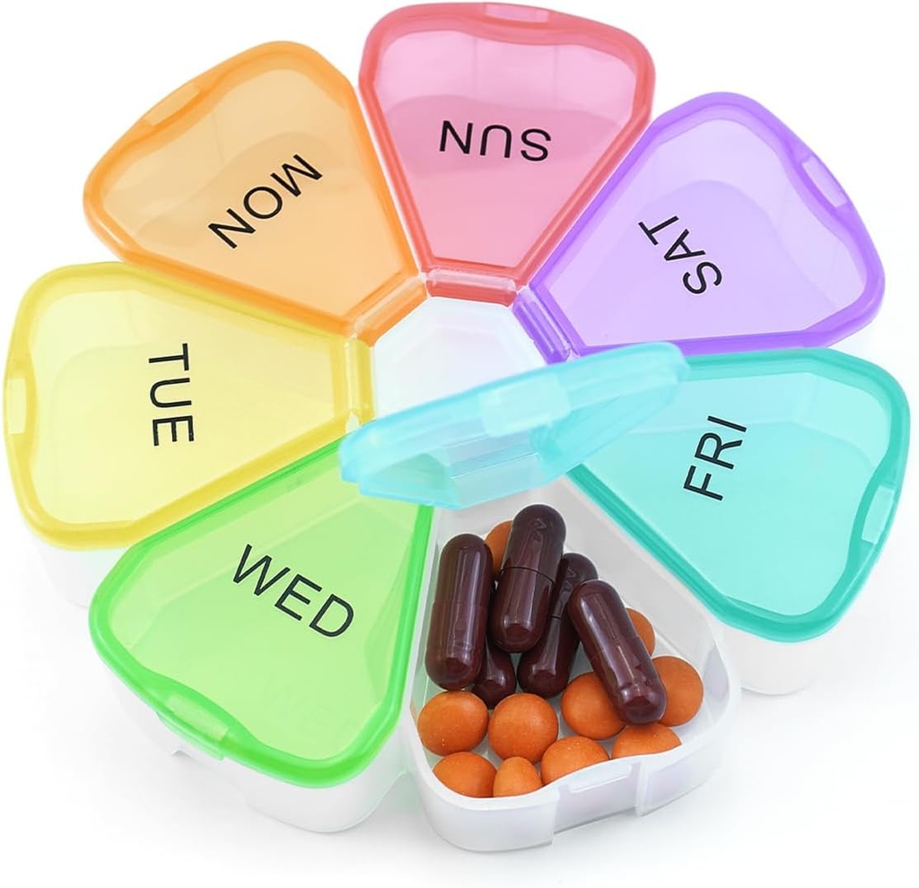 Quacc Cute Weekly Pill Organizer Travel 7 Day Portable Round Floral Pill Case Box Pill Konteyner Medcine gain for Large Vitamin Fish Oil Pill Drug Supplement Storage - Rainbow