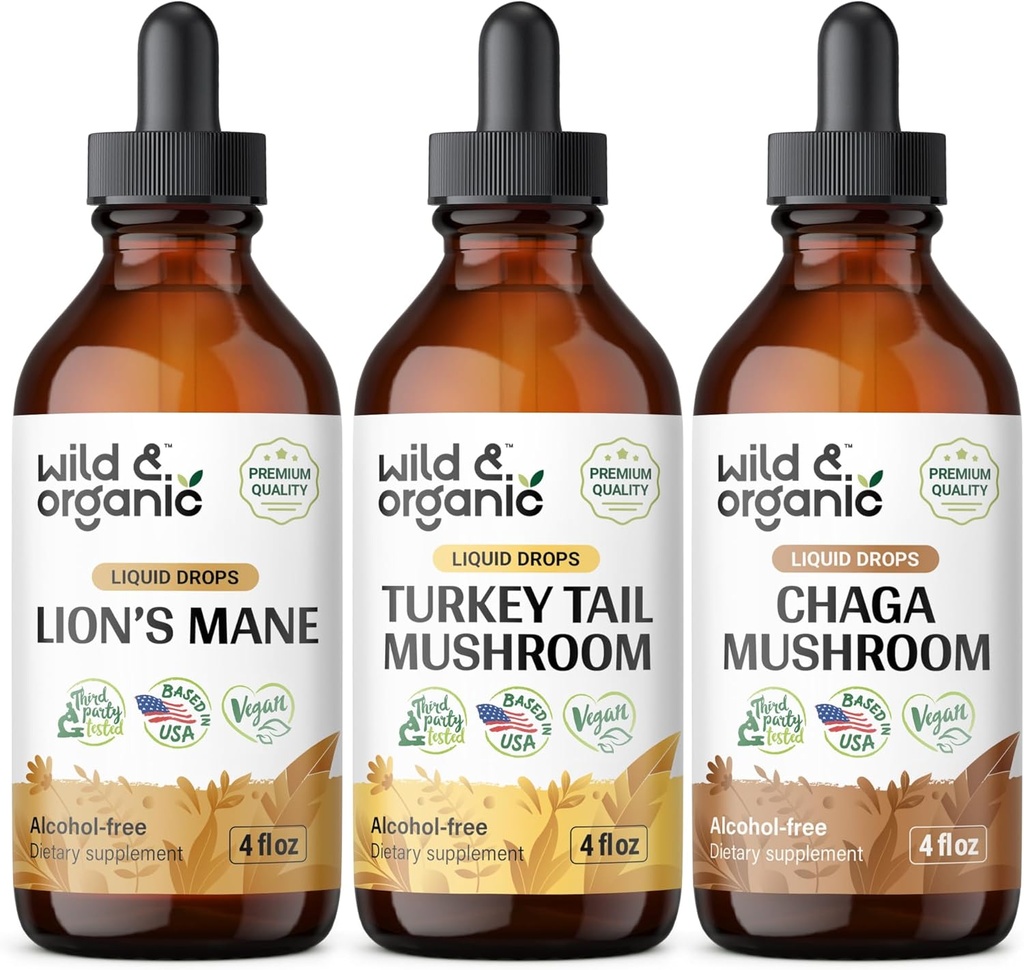 Wild & Organic Lion's Mane, Türkiye Tail & Chaga Mushroom Tinctures