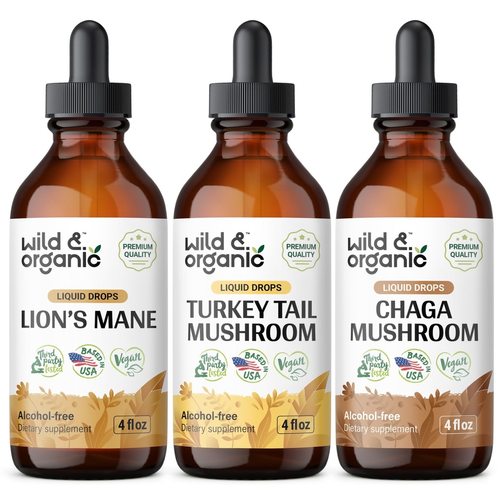 Wild & Organic Lion's Mane, Türkiye Tail & Chaga Mushroom Tinctures