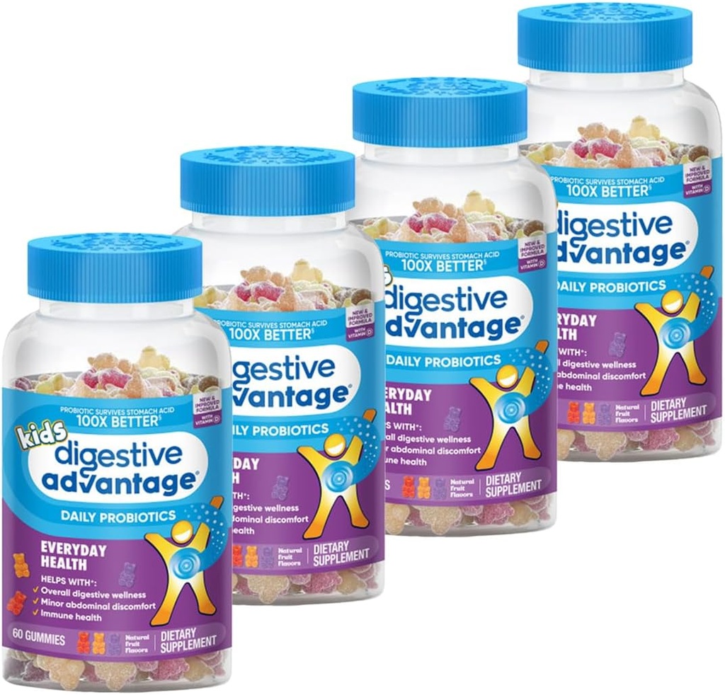 Digestive Advantage Çocuklar Doğal Meyveleri Çocuklar Occasional Bloating, Minor Abdominal Discomfort & Gut Health, 60 Count Gummies (4 Pack)