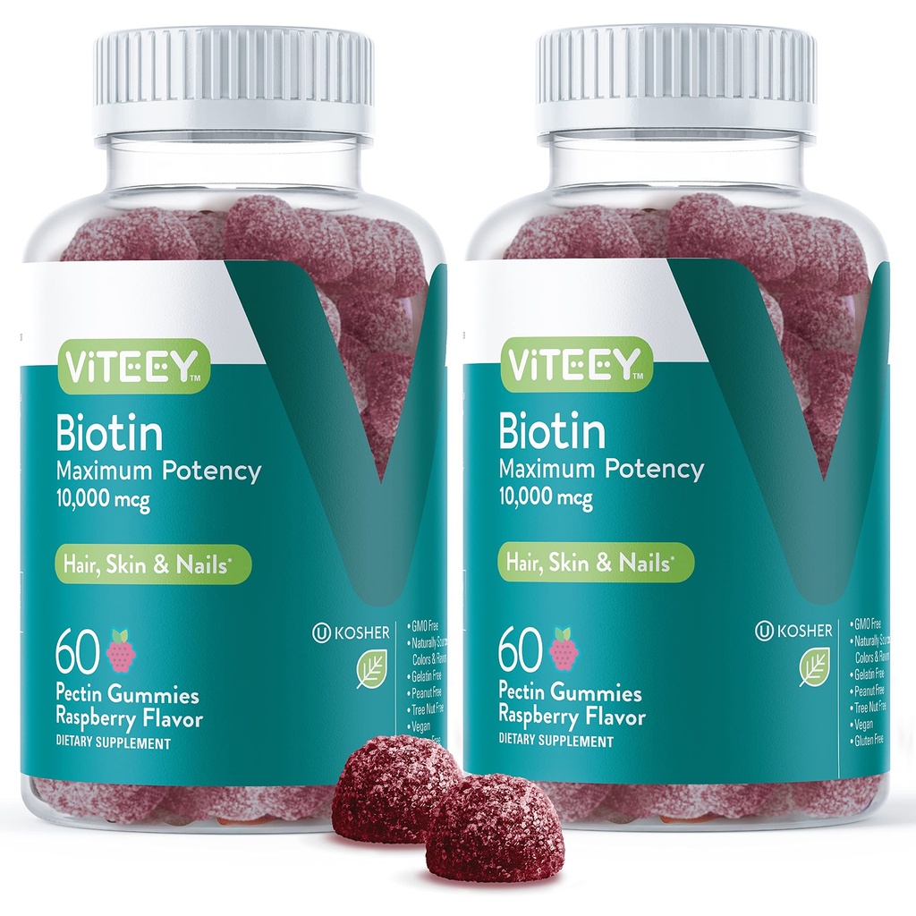 Saç Cilt ve Çiçeği için Viteey Biotin Gummies - Saç Büyüme Gummies için Biotin - 10.000 mcg - Vegan, Gluten-Free, Non-GMO – 120 Kont
