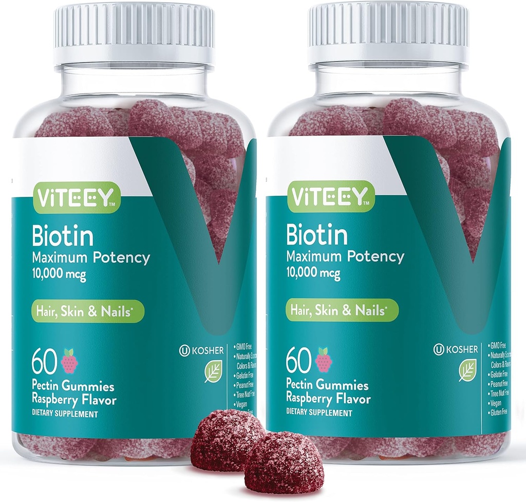 Viteey Biotin Gummies για το δέρμα των μαλλιών και τα νύχια - Βιοτίνη για την ανάπτυξη των μαλλιών Gummies - 10.000 mcg - Vegan, χωρίς γλουτένη, μη GMO – 120 κόμης