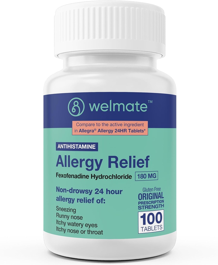 WELMATE - Antivirüs Yardımı - Fexofenadine HCl 180 mg - 24 Saat Non-Drowsy Antihistamine - Sneezing - Runny Nose - Itchy Eyes, Nose & Throat - Antis