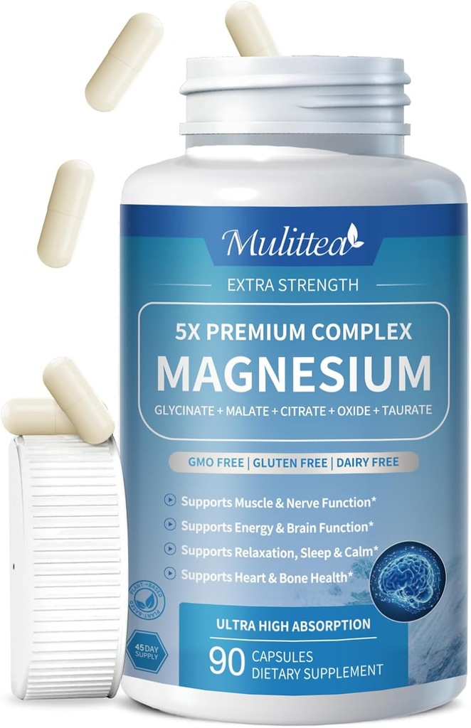 Magnezyum Kompleksi Chelated Magnezyum Glycinate w/Malate, Taurate& Herbal Extracts for Support Sleep, Muscle,Cortisol & Heart Health, Gluten Free, Vegan, Non GMO, High Abxia, 90 Capsules