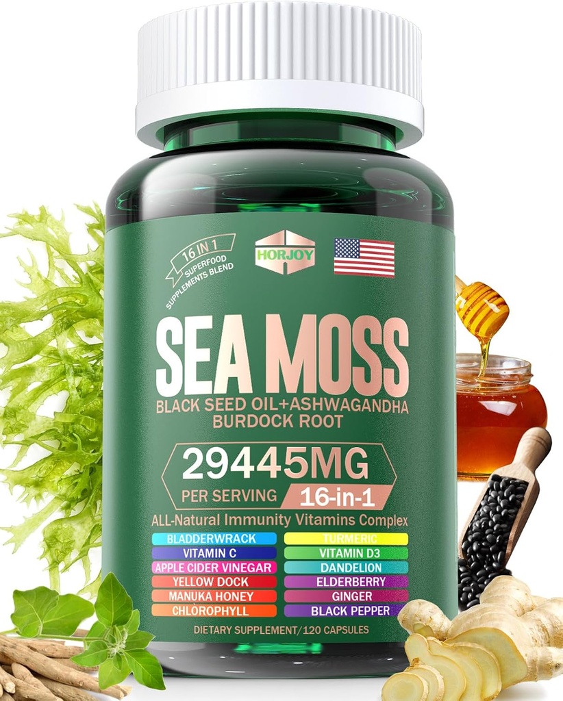 Sea Moss 12000 mg Black Seed Oil 6000mg Ashwagandha 3000 mg Turmeric 1000 mg Bladderwrack 2000 mg Burdock 3000 mg & Vitamin C & D3 With Dockberry Manuka Dandelion Sarı Iodine Chlorophyll ACV