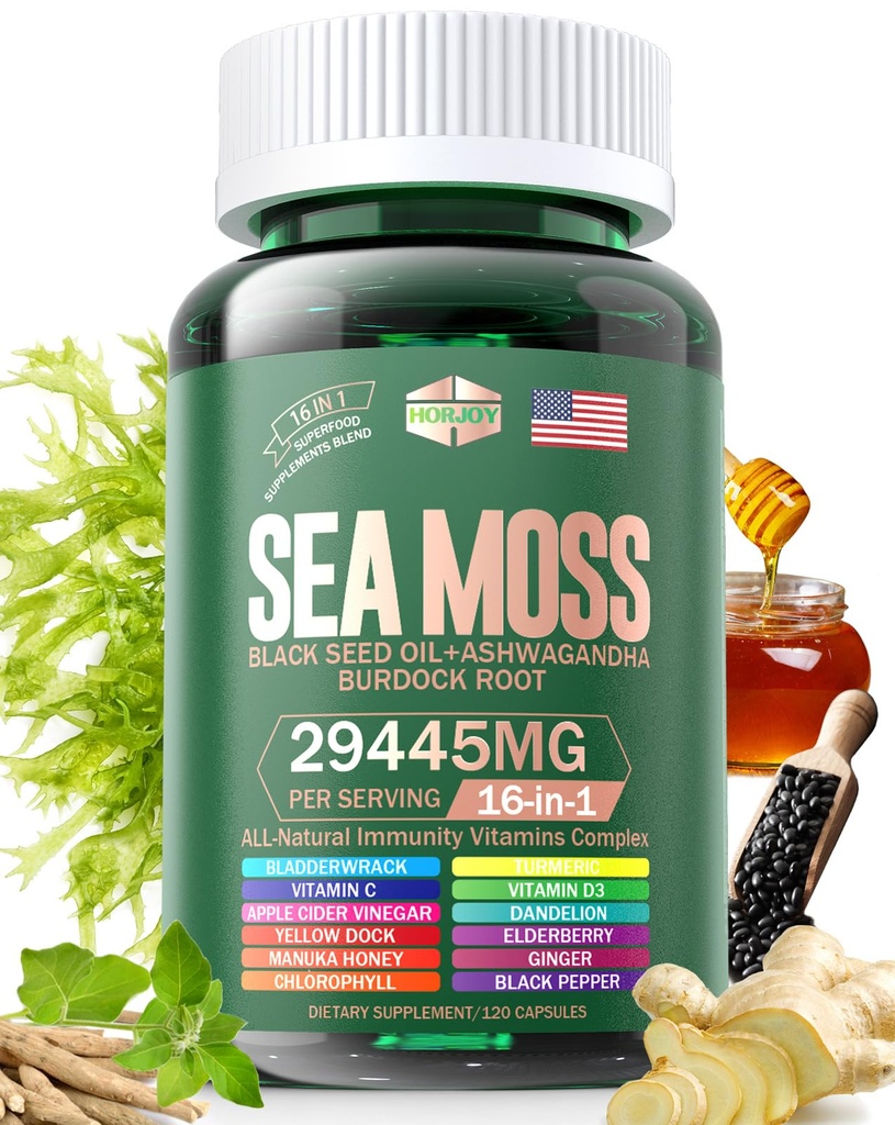 Sea Moss 12000mg Black Seed Oil 6000mg Ashwagandha 3000mg Turmeric 1000mg Bladderwrack 2000mg Burdock 3000mg & Βιταμίνη C & D3 με Elderberry Manuka Dandelion Yellow Dock Iodine Chlorophyl ACV