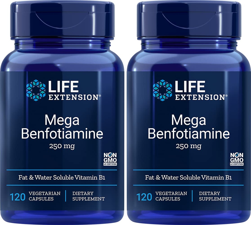 Επέκταση ζωής Mega Benfotiamine κάψουλα, 250 Mg, 120 κάψουλες χορτοφάγων 2 φιάλες