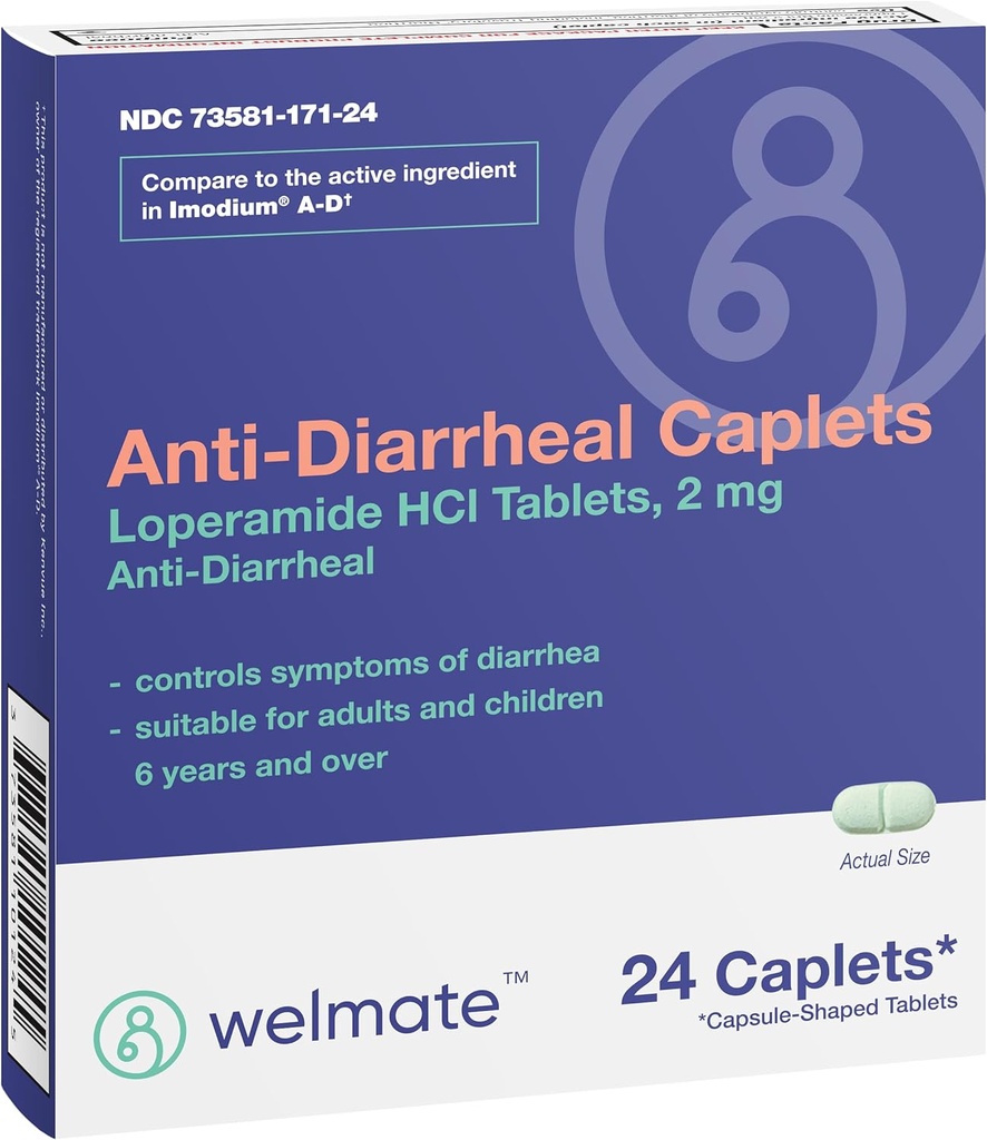 WELMATE - Anti-Diarrheal Caplets (24 Caplets) - Loperamid HCL 2 mg - Diarrhea Symptom Relief - Upset Stomach Reliever - Anti Diarrhea Drug Pills - Over-The-Counter Drug