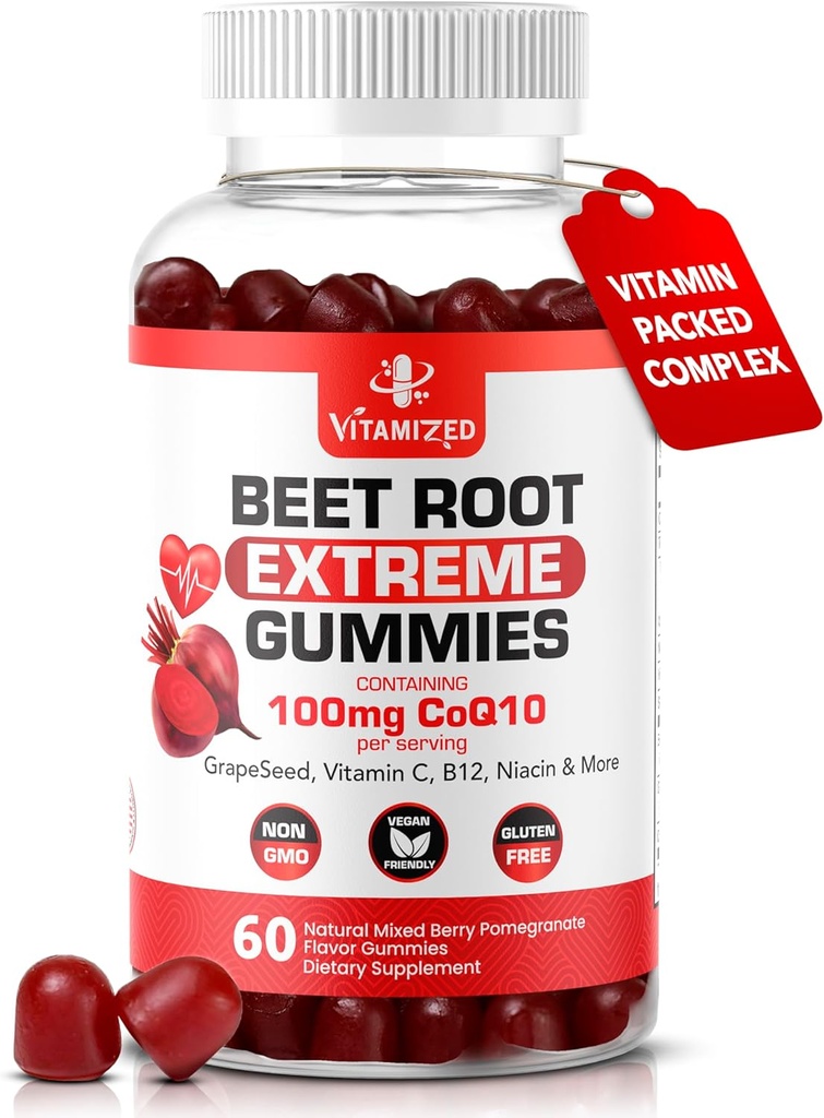Extreme Beetroot Formula & COQ10 100mg with Grape Seed Extract, For Circulation Energy & Flow, 1500 mg Beet Root Gummies Extract Gluten Free 60