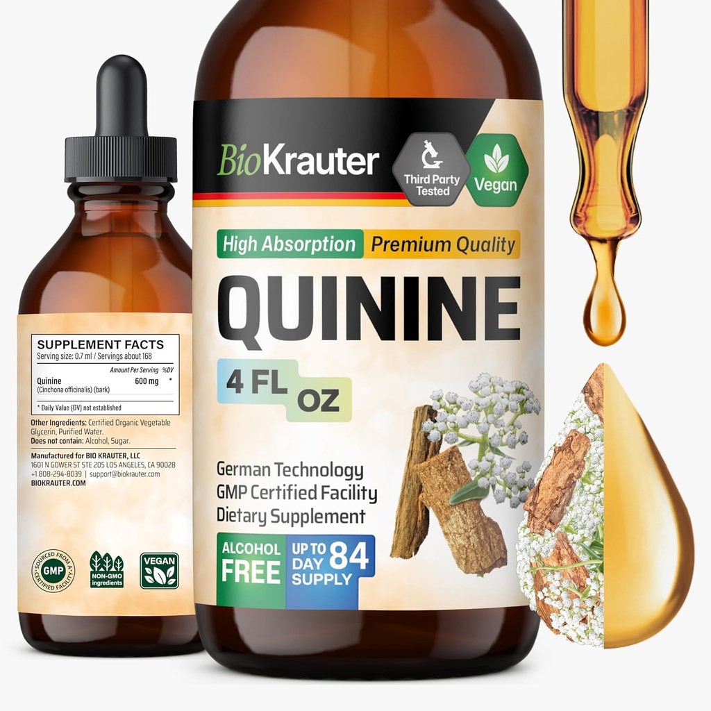 BIO KRAUTER Quinine for Leg Cramps Tincture - Cinchona Bark Ekstraksiyon - Vegan Quinine Liquid - Alkol & Sugar Free Extract 4 Fl.Oz.