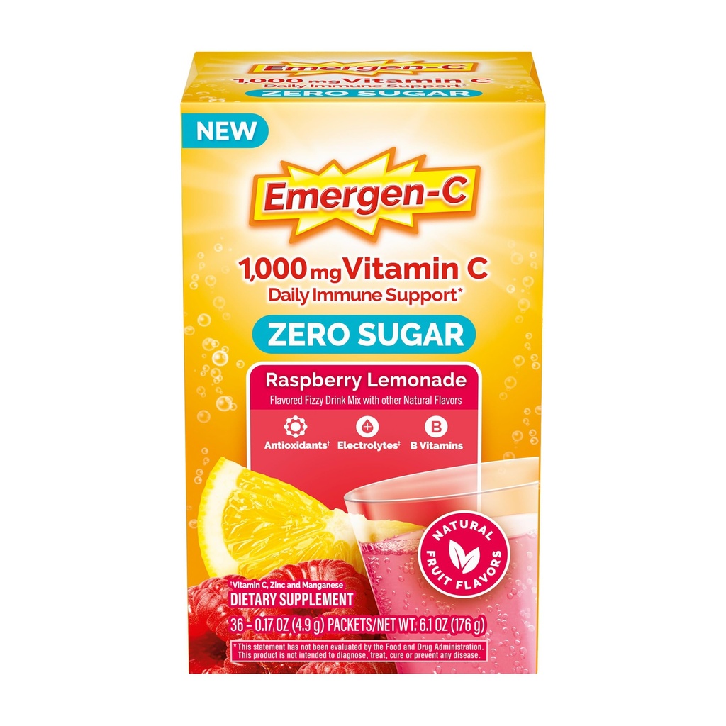Emergen-C Zero Sugar 1000 mg Vitamin C Toz Günlük Immune Support Caffeine Free Vitamin C Supplements with çinko and Electrolytes, Raspberry Lemonade Flavor - 36 Count