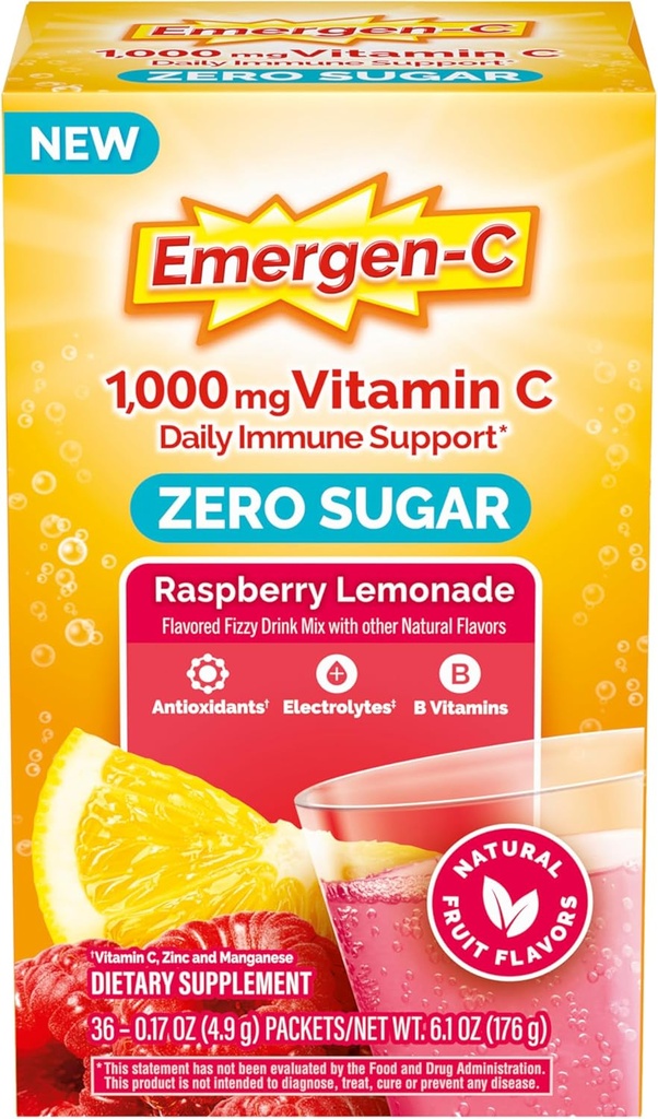 Emergen-C Zero Sugar 1000 mg Vitamin C Toz Günlük Immune Support Caffeine Free Vitamin C Supplements with çinko and Electrolytes, Raspberry Lemonade Flavor - 36 Count