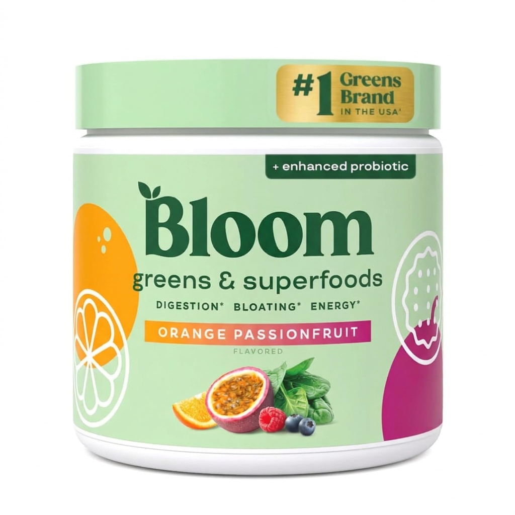 Bloom Beslenme Superfood Greens Toz, Probiyotikler ve Prebiyotikler ile Digestive Enzymes, Gut Health, Kadınlar için Bloating Relief, Chlorella, Juice Mix w/Beet Root Toz, 30 SVG, Orange Passionproduct