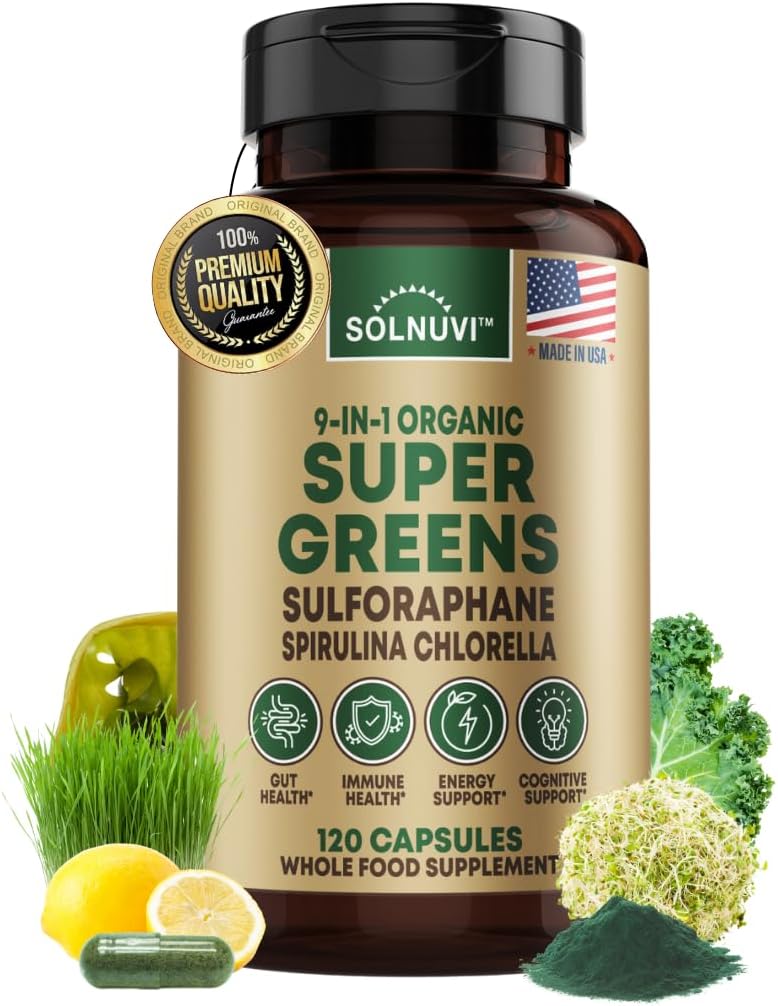 Organik Super Greens Superfood Capsules Supplement - Spirulina, Chlorella, Buğdaygras, Kale Toz, Sulforaphane, Antioksis - Gut Health, Digestion, Energy, Immunity Support - 120 Vegan Capsules