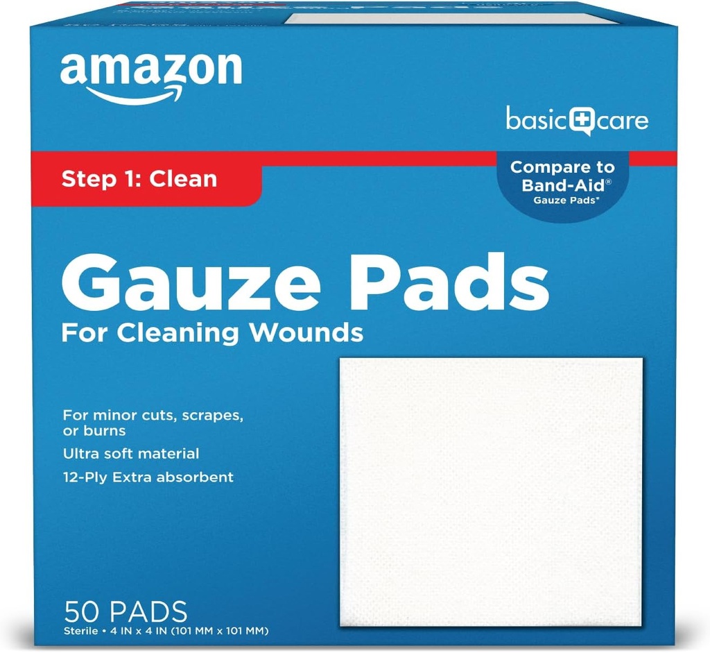 Basic Care Gauze Pads, 4x4 ίντσες Στείρα Ιατρική Πληγή Dressing Σφουγγάρια για τον καθαρισμό, την κάλυψη, & Συνωστισμού περικοπές & μικροτραυματισμοί, 50 Count (Pack of 1), (Πρώην όλη η υγεία)