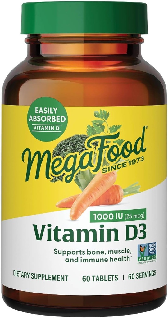 MegaFood Vitamin D3 1000 IU (25 mcg) - Βιταμίνη D συμπληρώματα με πραγματική τροφή, ανοσοποιητική υποστήριξη, υποστηρίζει οστά, δόντια & μύες, χορτοφάγους, χωρίς γλουτένη, μη GMO, Kosher – 60 δισκία, 60 σέρβις
