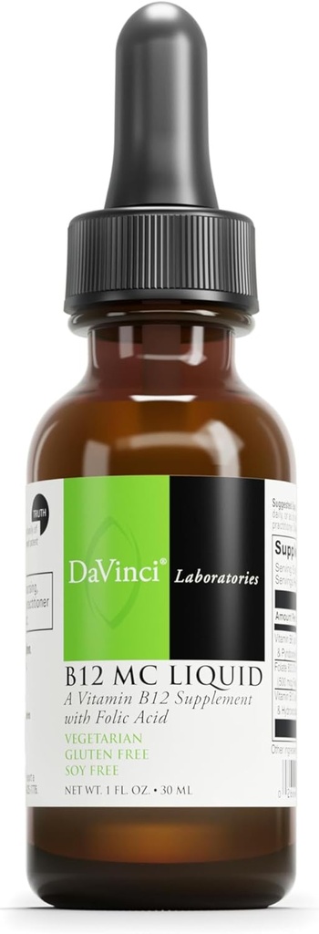 DAVINCI Laboratuvarları B-12 MC Sıvı - Cardiovascular Sağlık, Enerji ve Sağlıklı Kan ve Nerve Hücreleri - B6, B12 ve Folate - Gluten-Free - Vegetarian - 30 ml