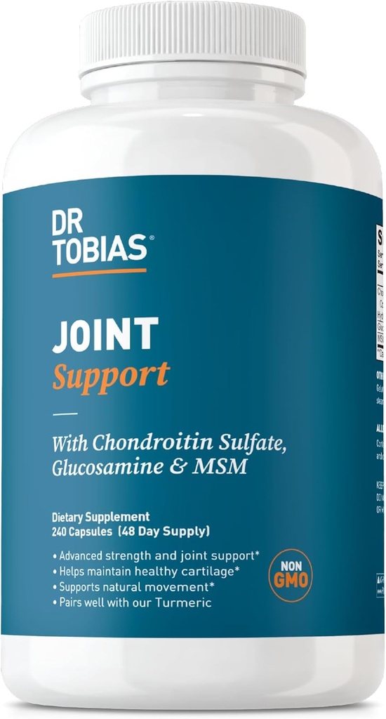 Dr. Tobias Joint Support Supplement with Glucosamine Chondroitin MSM, Supports Connective Tound, Function & Flexacy, Ekstra Güçlü Ortak Supplements for Men & Women, 240 Capsules