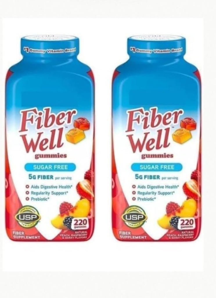 Fiber Well Sugar Free Gummies Supplement, Ροδάκινο, Φράουλα και μούρο Γεύση (2 μπουκάλια, ζάχαρη δωρεάν)