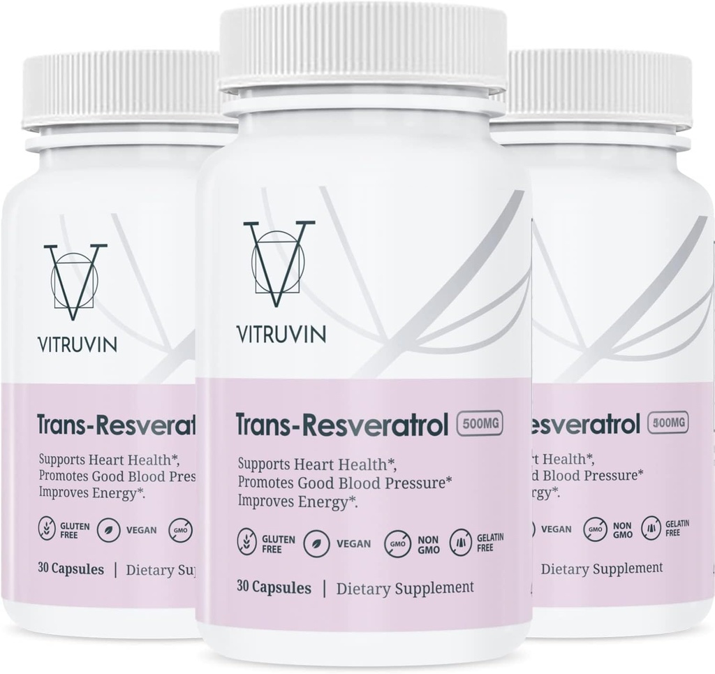 Vitruvin Trans-Resveratrol 500 mg, 3 Şişes Pack, Vegan, Non-GMO, Gluten-Free, Gelatin-Free.