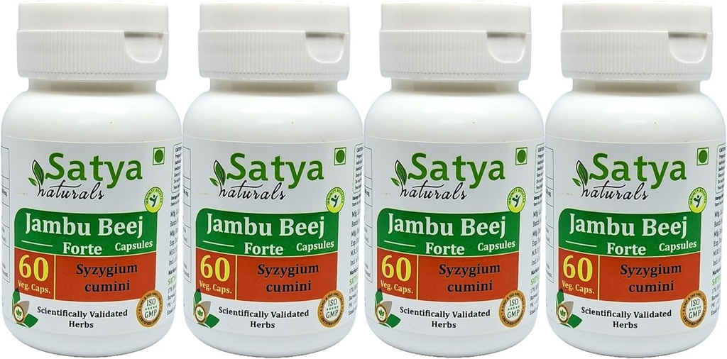 Jambu Beej Forte Capsules 500 mg. 60 Veg. Capsule | Jamun beej (Syzygium Cumini) Erkekler ve kadınlar için Kapsüller | Ayurvedic Herbal Supplement / R kaçtılar | 10:1 Forte (4 Şişeler 60 Capsules)