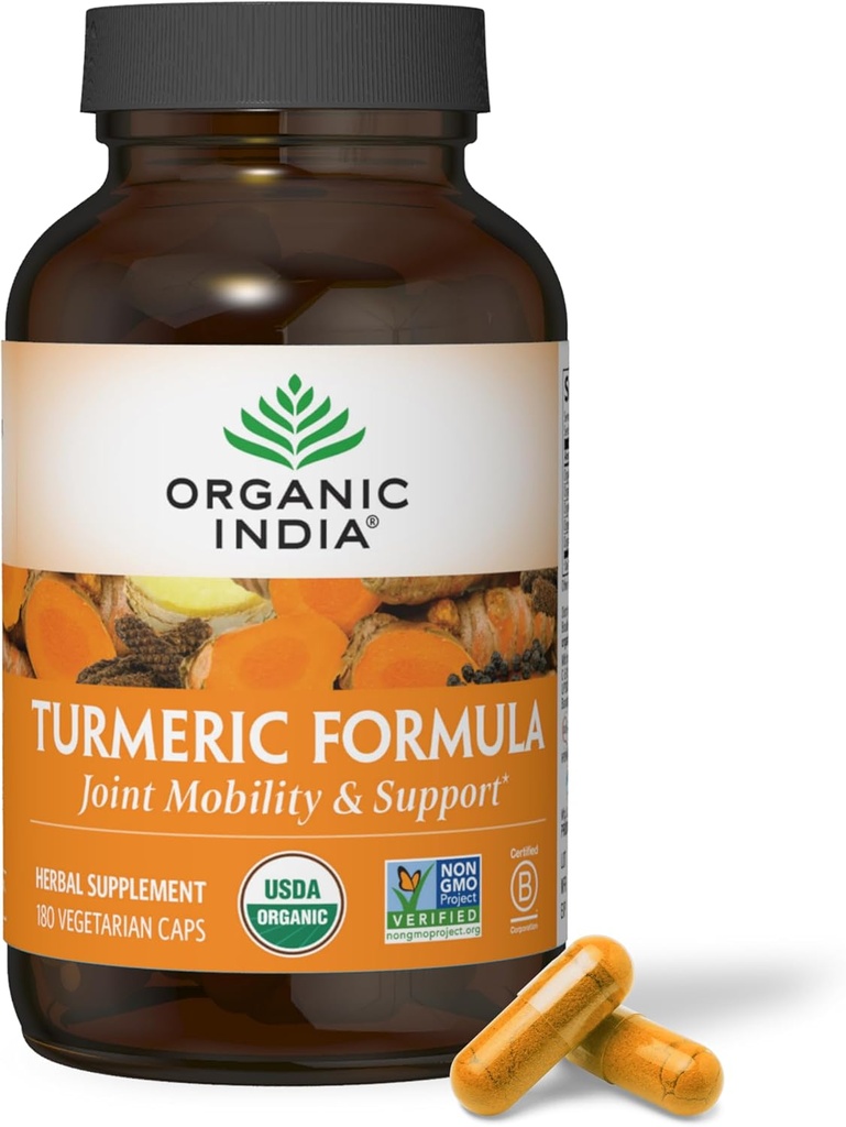 Organic India Turmeric Curcumin with Black Pepper - Organic Turmeric Supplement and Curcumin Supplement, Turmeric Capsles, Κοινή Υποστήριξη & Ανοσοποιητικό Σύστημα Υποστήριξη, Ολική Ρίζα, Trikatu - 180 Κάψουλες