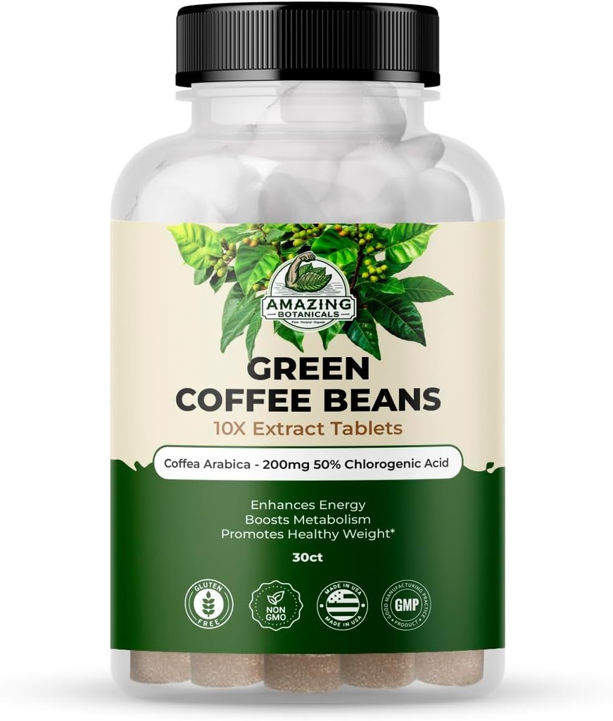 Şaşırtıcı Botaniklar Yeşil Kahve Bean Tabletleri - Coffea Arabica - 200 mg 50% Klorojenik asit - 30 Kont
