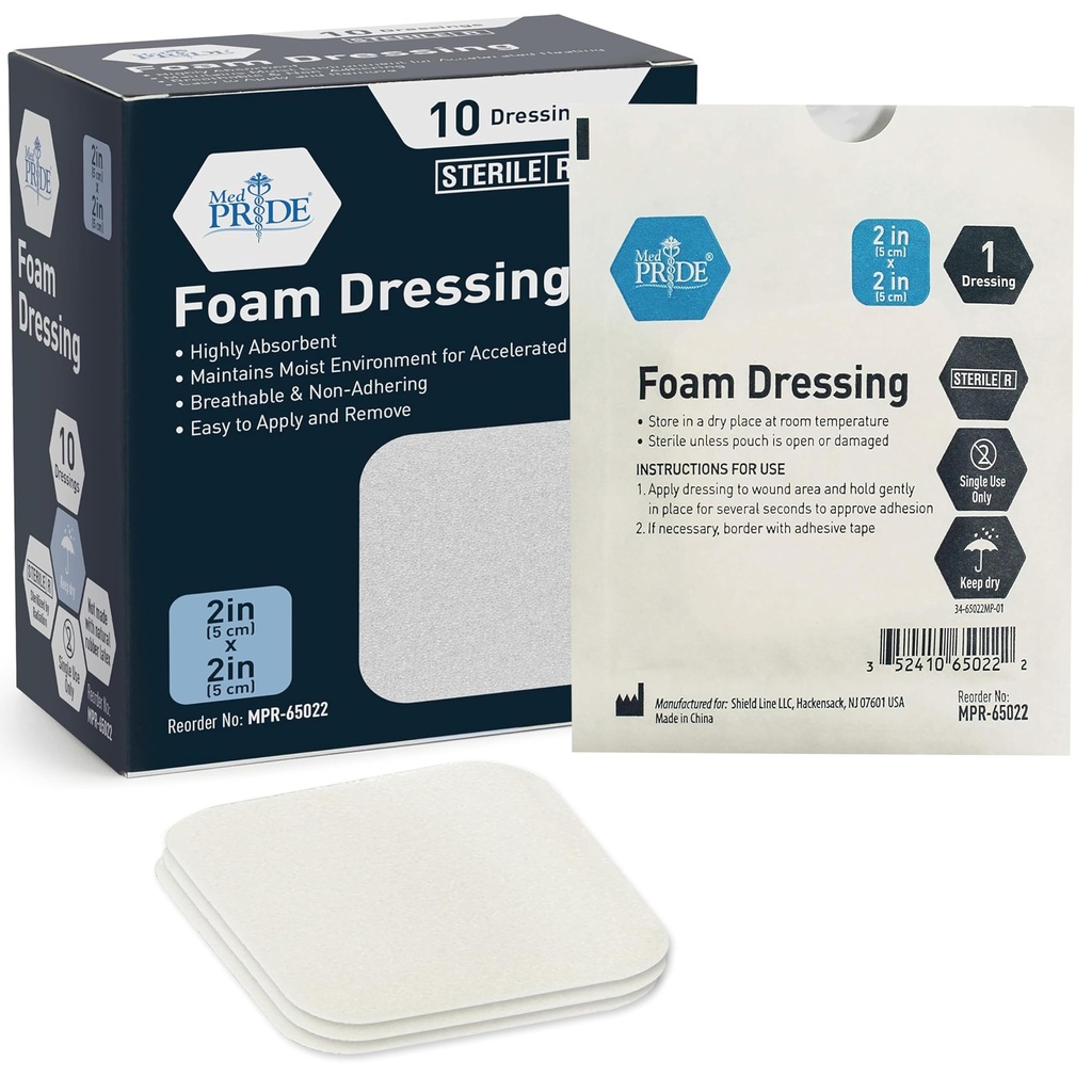 MED PRID Sterile Foam Dressings for Wounds, Μαλακό Απορροφητικό Μη Συγκολλητικό Αδιάβροχο Ιατρικό Αφρώδες Padding for Ulcers, Τραύματα (2x2 Inch (Pack of 10)))