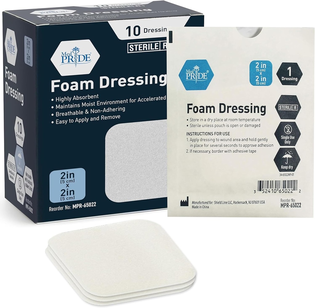 MED PRID Sterile Foam Dressings for Wounds, Μαλακό Απορροφητικό Μη Συγκολλητικό Αδιάβροχο Ιατρικό Αφρώδες Padding for Ulcers, Τραύματα (2x2 Inch (Pack of 10)))