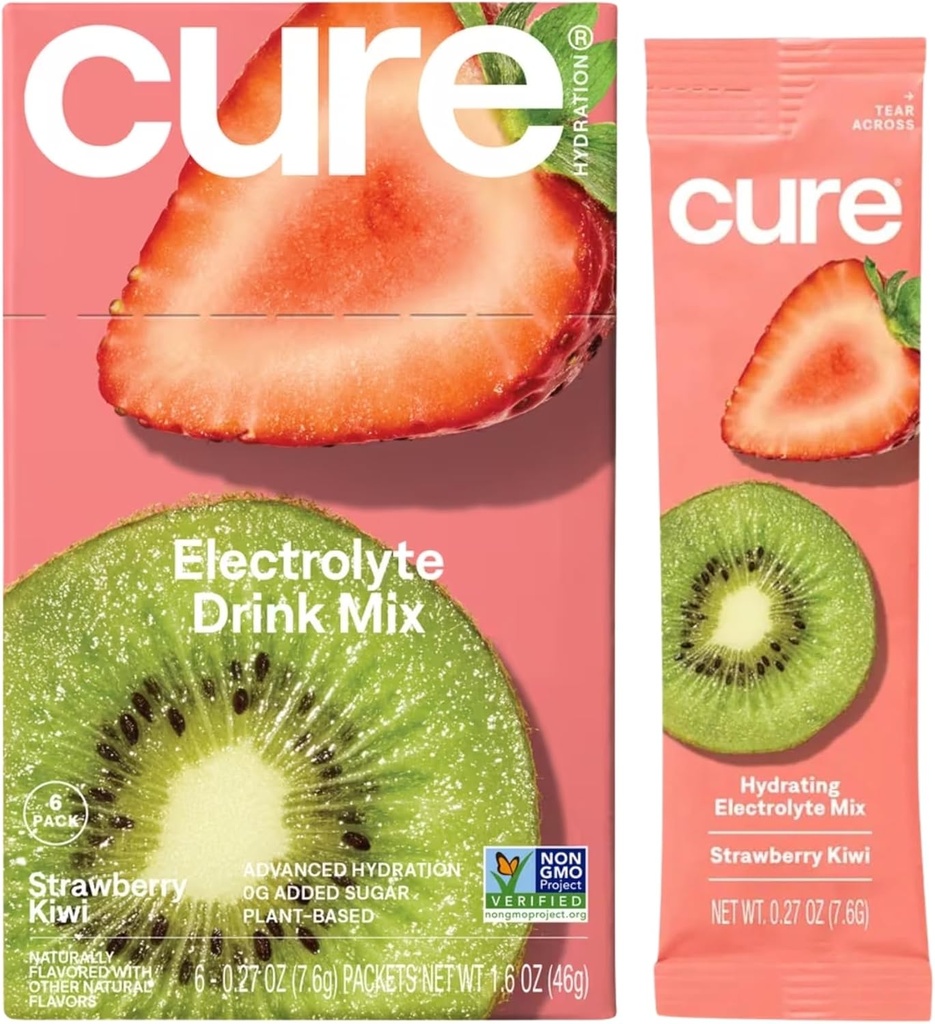 Cure Hydration | Plant-Based Electrolyte Drink Mix | Nodrew Sugar | Dehidrasyon Yardımı Banyo Su ile Yapılan | Non-GMO | Vegan | 8 Packets Kutu - Strawberry Kiwiwi