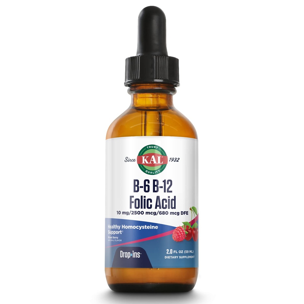 KAL B-6 B-12 Folic Acid DropIns, Sıvı Vitamin B Supplement Drops, Kalp Sağlığı, Enerji, Kırmızı Kan Hücresi Metil B12 ve Metil Folate ile Destek, Doğal Karışık Berry Flavor, 59 Hizmet, 2oz