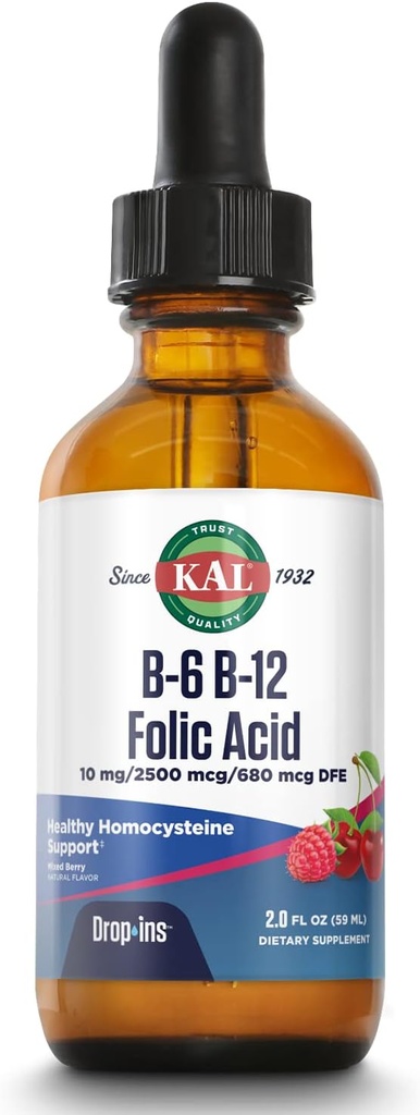 KAL B-6 B-12 Folic Acid DropIns, Sıvı Vitamin B Supplement Drops, Kalp Sağlığı, Enerji, Kırmızı Kan Hücresi Metil B12 ve Metil Folate ile Destek, Doğal Karışık Berry Flavor, 59 Hizmet, 2oz