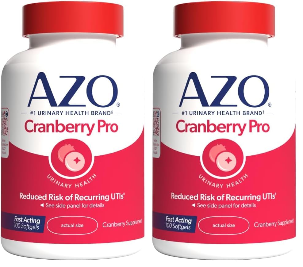AZO Cranberry Pro Urinary Tract Health Supplement 600 mg PACRAN, 1 Hizmet: 1'den fazla Cranberry Juice, Sugar Free Cranberry Pills, Non-GMO 100 Softgels (Pack of 2)