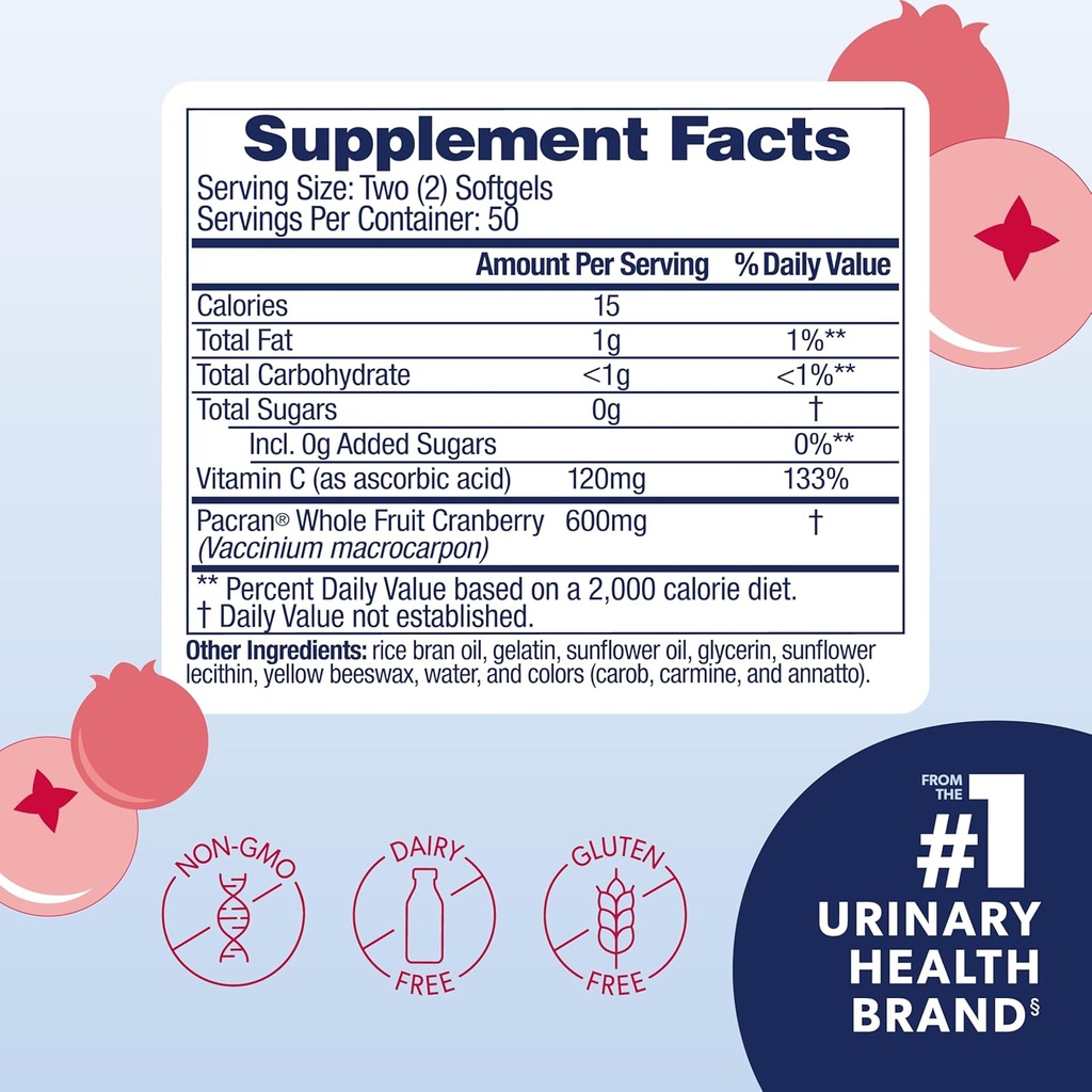 AZO Cranberry Pro Urinary Tract Health Supplement 600 mg PACRAN, 1 Hizmet: 1'den fazla Cranberry Juice, Sugar Free Cranberry Pills, Non-GMO 100 Softgels (Pack of 2)