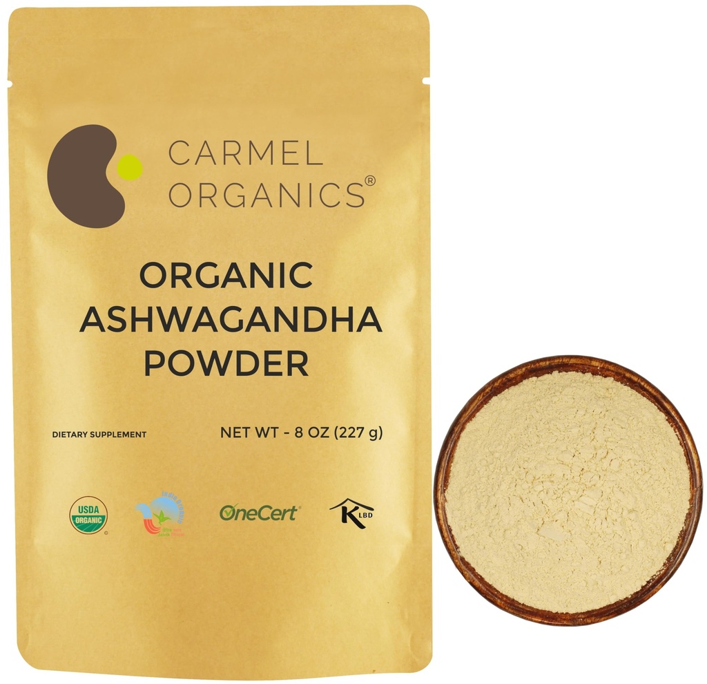 CARMEL ORGANICS Organik Ashwagandha Root Toz (8 Oz veya 227g/0.5 Lbs) USDA sertifikalı. Lab Test Edildi, GMO & Gluten Free | Withania Somnifera from India