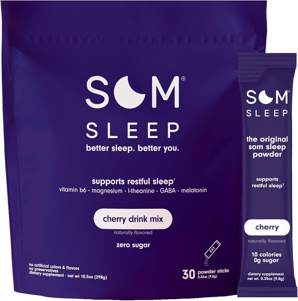 Som Sleep, Calm Sleep Aid Toz İçecek Mix, 3 mg Melatonin, Magnezyum, B6, L-Theanine & GABA – Vegan, Zero Sugar, Keto Friendly – Cherry, 30-Pack