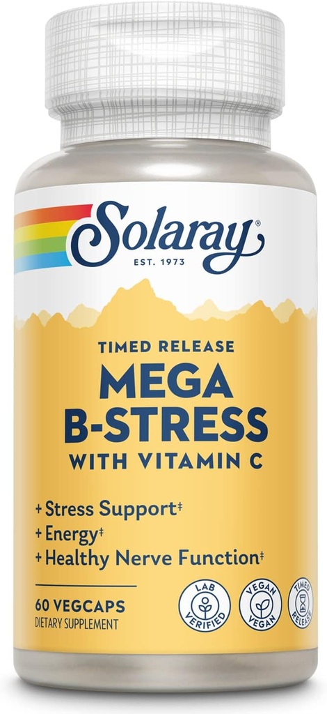 SOLARAY Mega Vitamin B-Stress, Timed-Release Vitamin B Complex with 1000 mg of C for Stress, Energy, Red Blood Cell & Immune Support, 60 Day Garanti, Vegan, 20 Hizmet, 60 VegCaps