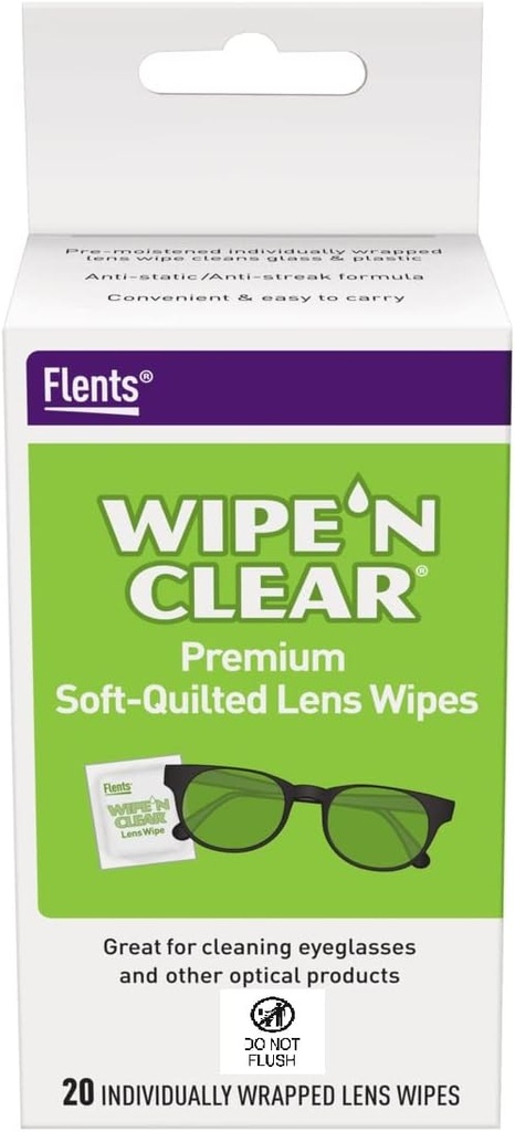 Felds Lens Wipes, Wipe 'N Clear, 20 Count, Pre-Moisted, Streak-Free, Safe for Glasses, Anti-Fog, Gentle Cleaning, Clear Vision, Individually Wrapped for Travel & Convention, Made in the USA