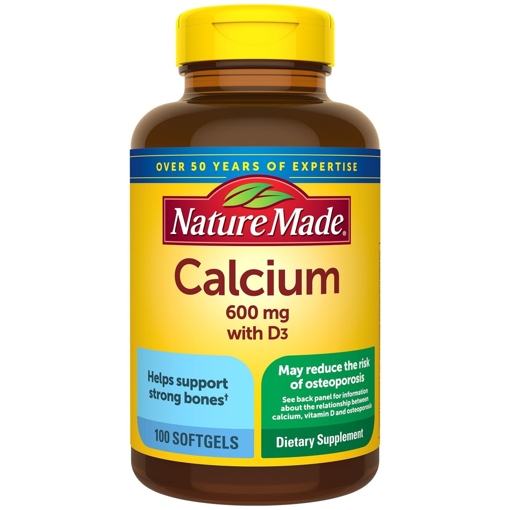 Nature Made Calcium 600 mg με βιταμίνη D3, Συμπλήρωμα διατροφής για υποστήριξη οστών, 100 Softgels