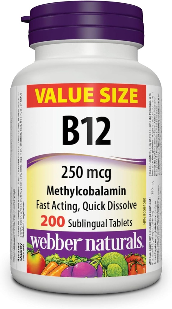 Webber Naturals Vitamin B12 250 mcg Torchcobalamin, 200 Sublingual Tablets
