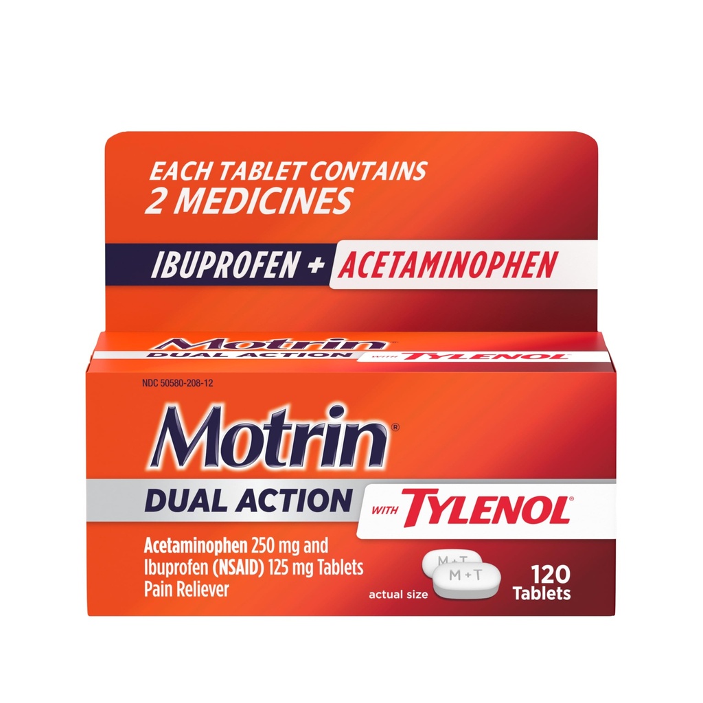 Tylenol, Ibuprofen & Acetaminophen Fast-Acting Dual Action Pain Reliever for Minor Aches & Pains, Ibuprofen (NSAID) 125 mg & Acetaminophen 250 mg, 120 ct