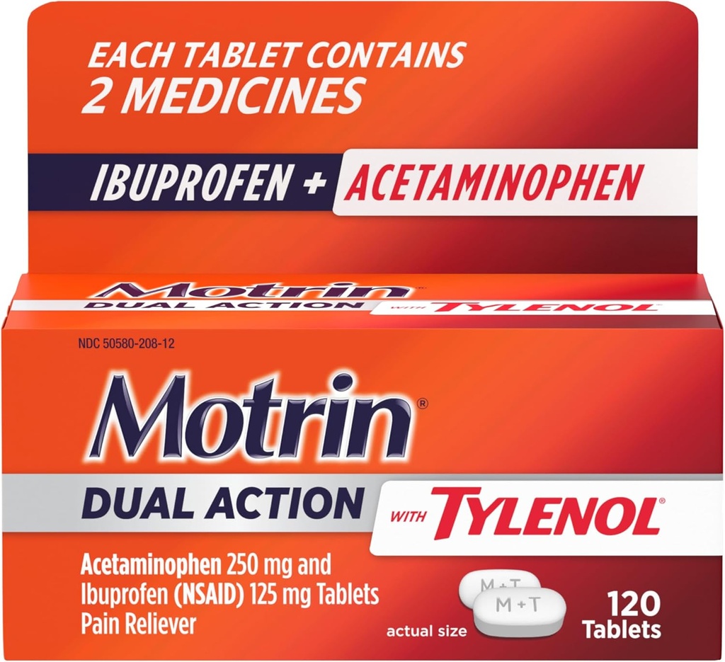 Tylenol, Ibuprofen & Acetaminophen Fast-Acting Dual Action Pain Reliever for Minor Aches & Pains, Ibuprofen (NSAID) 125 mg & Acetaminophen 250 mg, 120 ct