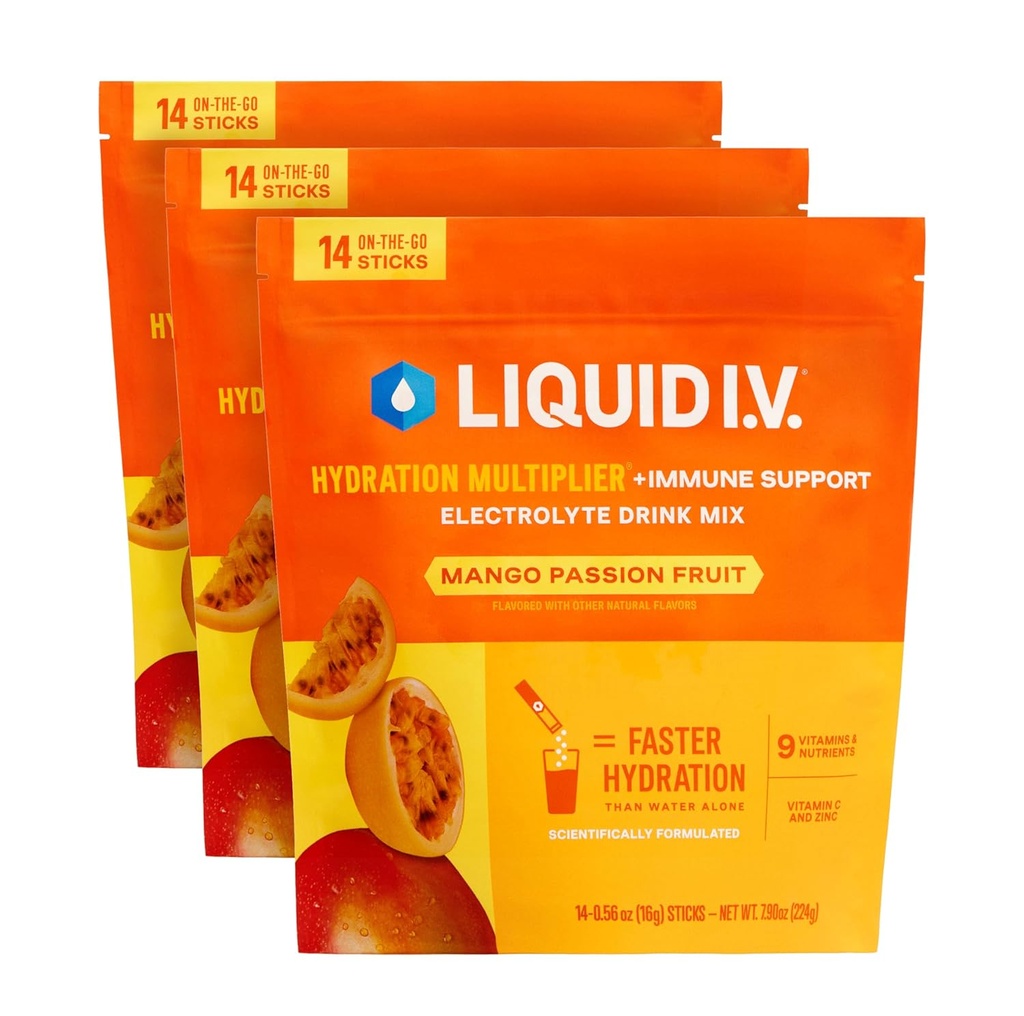 Sıvı I.V.® Hydration Multiplier +Immune Support - Mango Passionfurt | Elektrolyte Toz İçecek Mix | 3 Pack (42 hizmet)