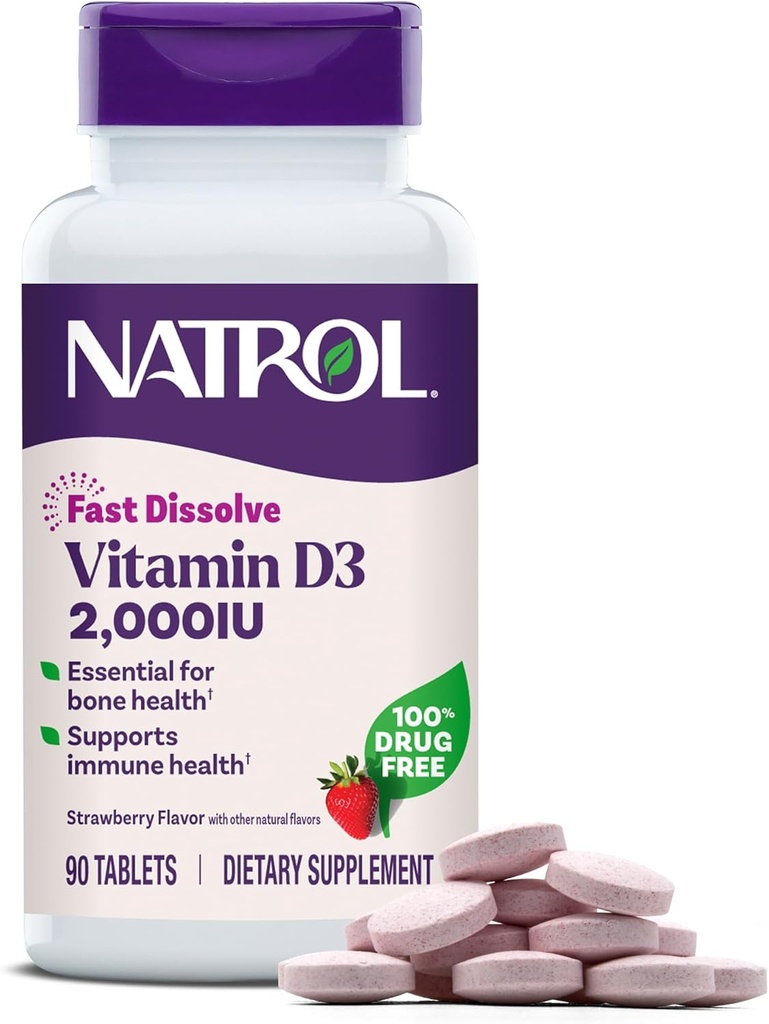 Natrol Hızlı Dissolve Vitamin D3 2,000 IU, Bone and Joint Health, Bone Support Supplement, 90 Tablet, 90 Day Supply Supplement, 90 Tablet, 90 Günlük Supply