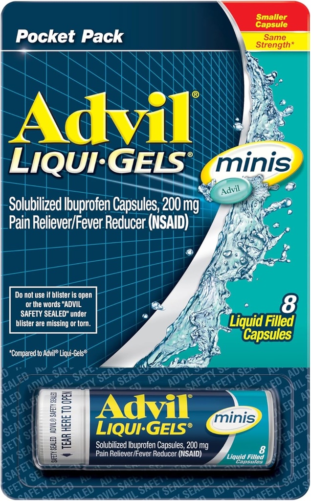 Advil Liqui-Gels minis Pain Reliever ve Ateş Tanımları, Ağrı Yardımı için Ibuprofen 200 mg for Pain Relief - 8 Liquid Filled Capsules
